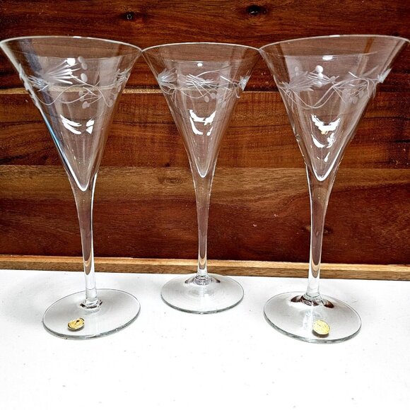 None Other - 3 Vintage Flowers Crystal Wine Glasses 7.5" made in Romania etched leaf garland